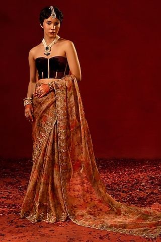 Pink Tissue Zardosi Embellished Saree Set by AMRIN KHAN