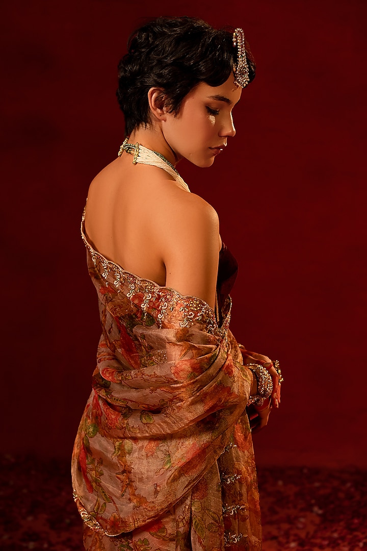 Pink Tissue Zardosi Embellished Wedding Saree Set by AMRIN KHAN at Pernia's Pop Up Shop