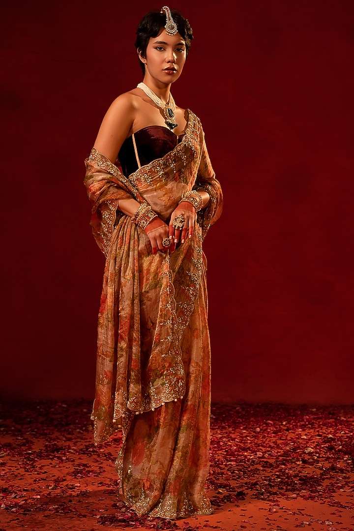 Pink Tissue Zardosi Embellished Wedding Saree Set by AMRIN KHAN at Pernia's Pop Up Shop