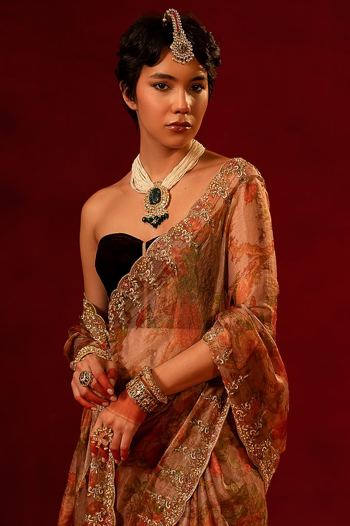 Pink Tissue Zardosi Embellished Wedding Saree Set by AMRIN KHAN at Pernia's Pop Up Shop