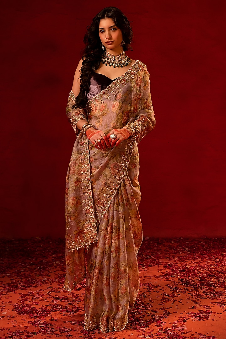 Purple Tissue Zardosi Embellished Wedding Saree Set by AMRIN KHAN at Pernia's Pop Up Shop