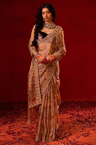 Purple Tissue Zardosi Embellished Saree Set by AMRIN KHAN