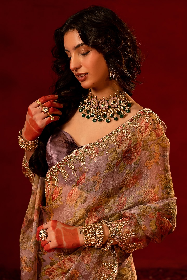 Purple Tissue Zardosi Embellished Wedding Saree Set by AMRIN KHAN at Pernia's Pop Up Shop