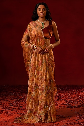 Yellow Tissue Zardosi Embellished Saree Set by AMRIN KHAN