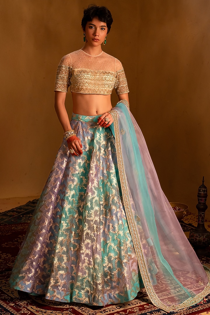 Sky Blue Banarasi  dulhan bday 22 may Lehenga Set by AMRIN KHAN at Pernia's Pop Up Shop