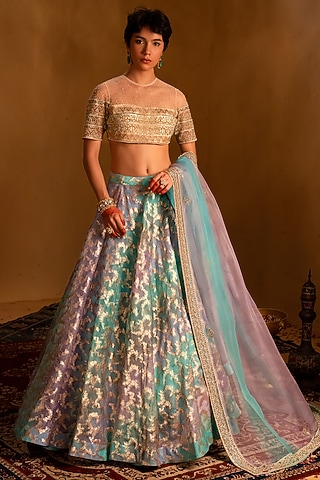 Sky Blue Banarasi Lehenga Set by AMRIN KHAN