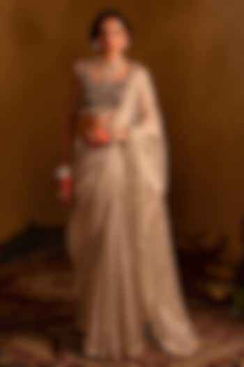 Silver Tissue Handcrafted Wedding Saree Set by AMRIN KHAN at Pernia's Pop Up Shop
