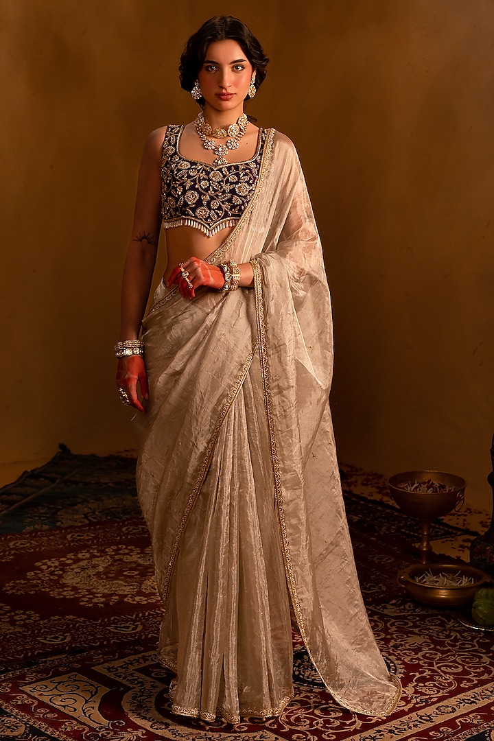 Silver Tissue Handcrafted Wedding Saree Set by AMRIN KHAN at Pernia's Pop Up Shop