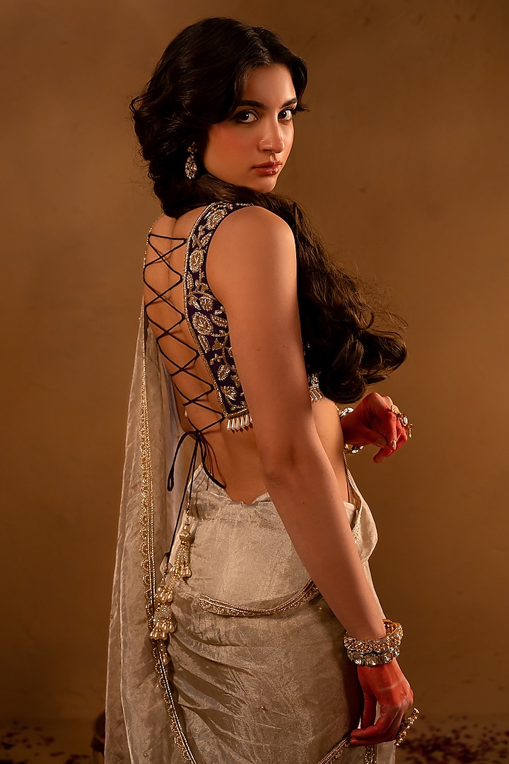 Silver Tissue Handcrafted Wedding Saree Set by AMRIN KHAN at Pernia's Pop Up Shop