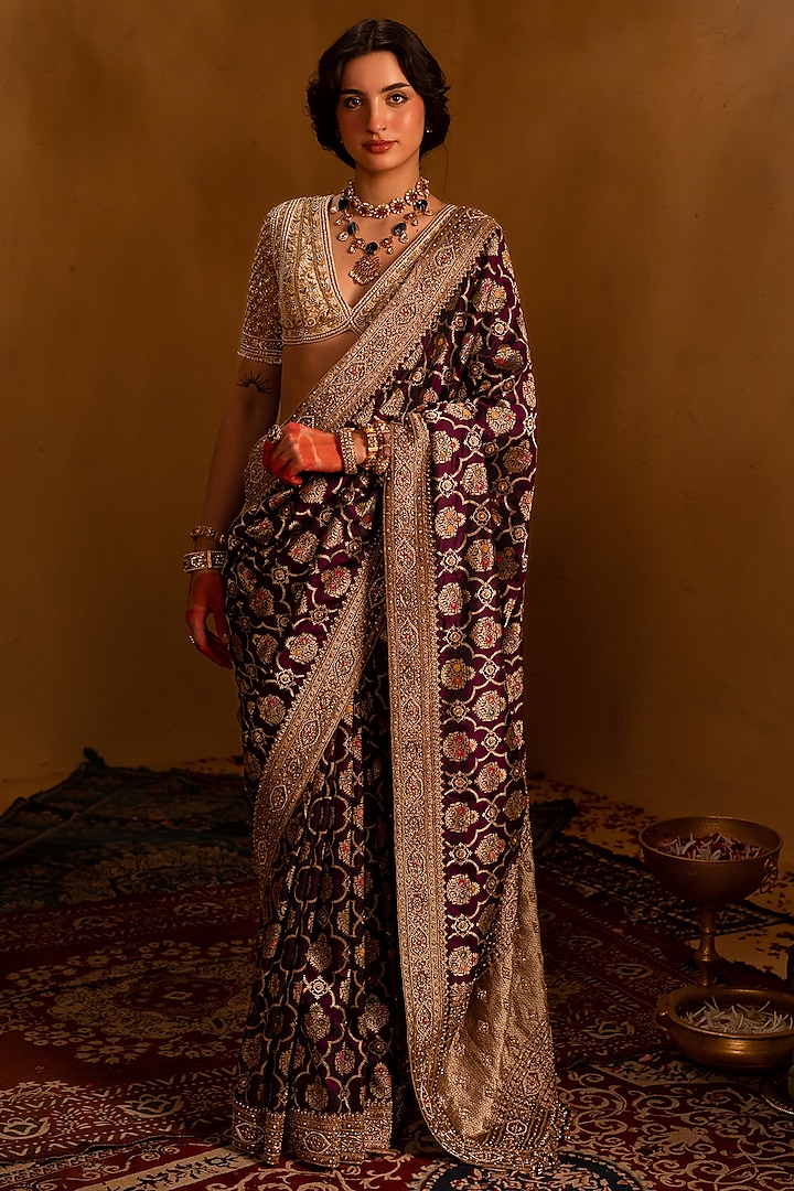 Purple Banarasi Bridal Saree Set by AMRIN KHAN at Pernia's Pop Up Shop