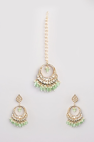 Gold Finish Kundan Polki & Green Fluorite Beaded Chandbali Earrings With Maangtikka by Amreli Jaipur