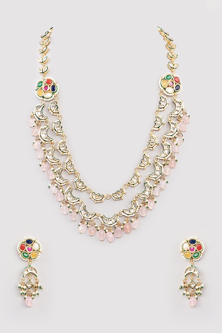 Gold Finish Kundan Polki & Pink Beaded Long Layered Necklace Set by Amreli Jaipur at Pernia's Pop Up Shop