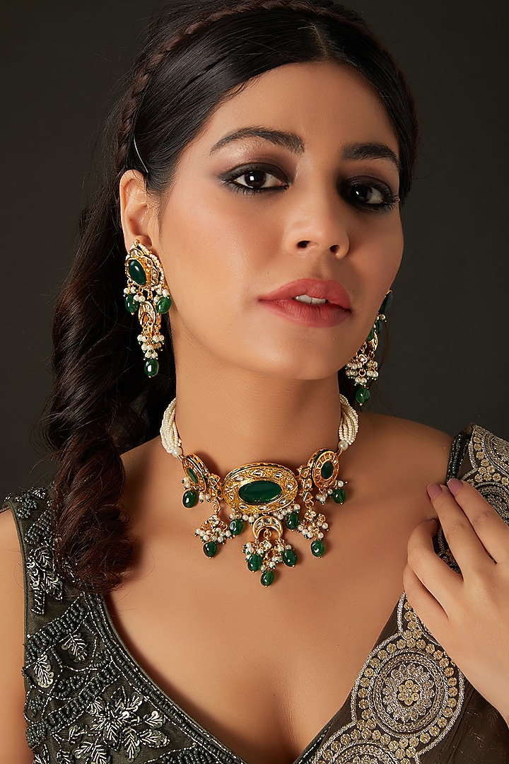 Gold Finish Green Kundan Polki Choker Necklace Set by Amreli Jaipur