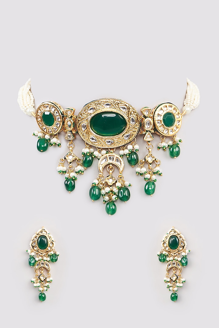 Gold Finish Green Kundan Polki Choker Necklace Set by Amreli Jaipur at Pernia's Pop Up Shop
