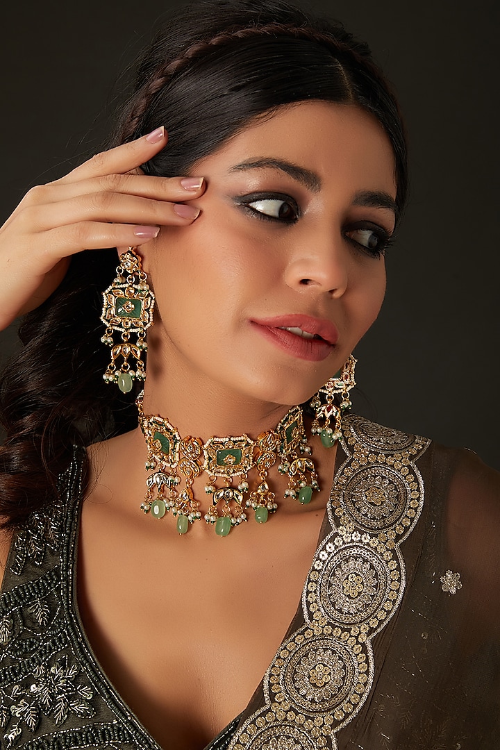 Gold Finish Green Kundan Polki Choker Necklace Set by Amreli Jaipur at Pernia's Pop Up Shop