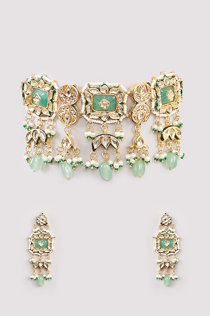 Gold Finish Green Kundan Polki Choker Necklace Set by Amreli Jaipur at Pernia's Pop Up Shop