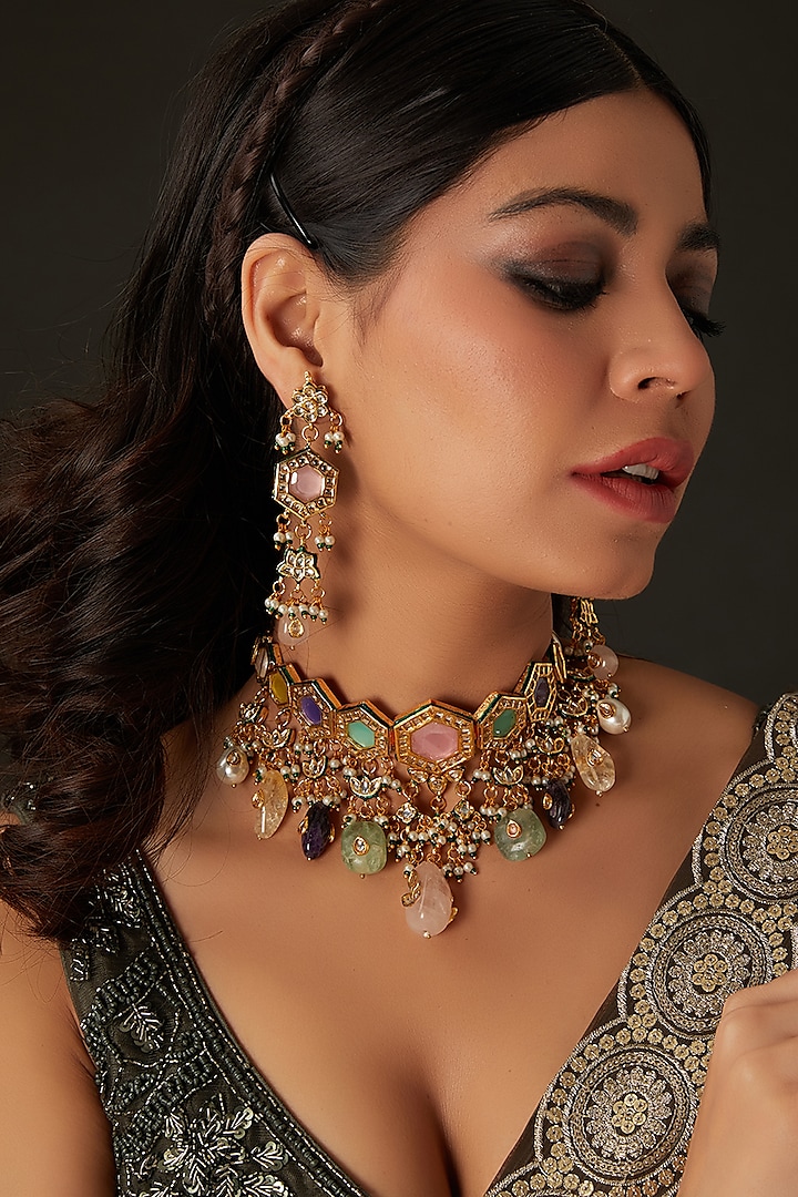 Gold Finish Multi-Colored Kundan Polki Choker Necklace Set by Amreli Jaipur at Pernia's Pop Up Shop