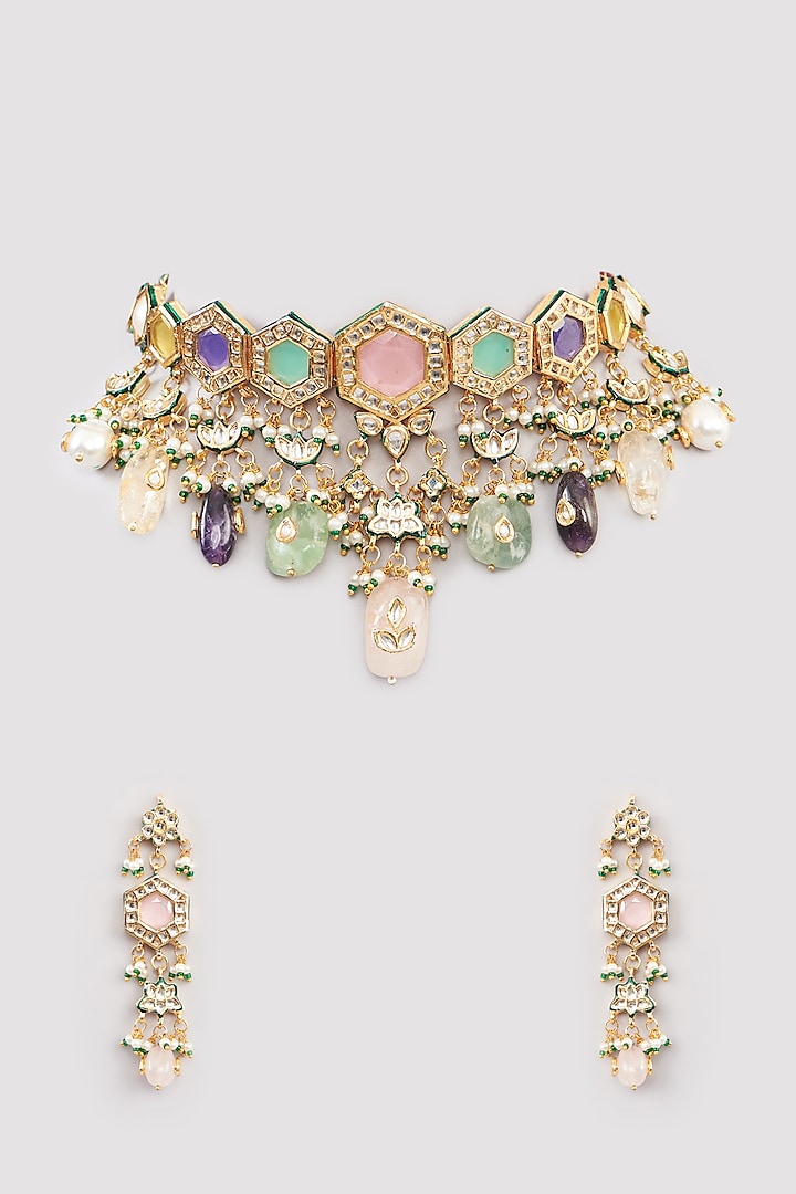 Gold Finish Multi-Colored Kundan Polki Choker Necklace Set by Amreli Jaipur at Pernia's Pop Up Shop
