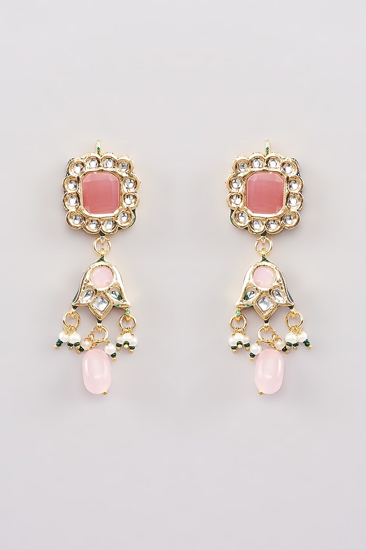 Gold Finish Pink Kundan Polki Dangler Earrings by Amreli Jaipur at Pernia's Pop Up Shop