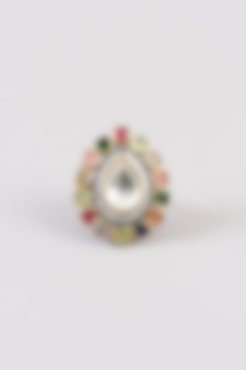 Gold Finish Multi-Colored Kundan Polki Ring by Amreli Jaipur