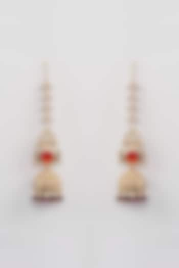 Gold Finish Red Kundan Polki Jhumka Earrings by Amreli Jaipur at Pernia's Pop Up Shop