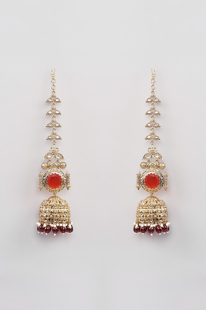 Gold Finish Red Kundan Polki Jhumka Earrings by Amreli Jaipur at Pernia's Pop Up Shop