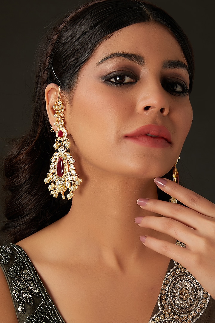 Gold Finish Red Kundan Polki Chandbali Earrings by Amreli Jaipur at Pernia's Pop Up Shop