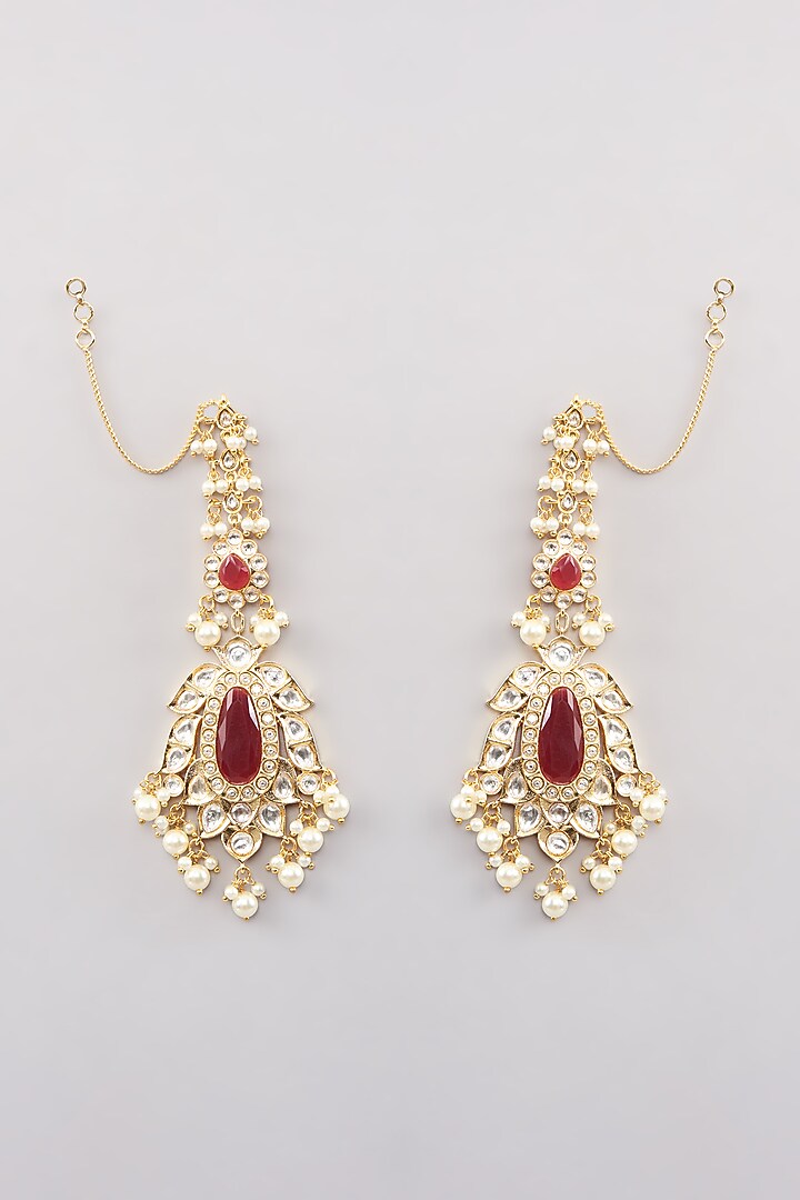 Gold Finish Red Kundan Polki Chandbali Earrings by Amreli Jaipur at Pernia's Pop Up Shop