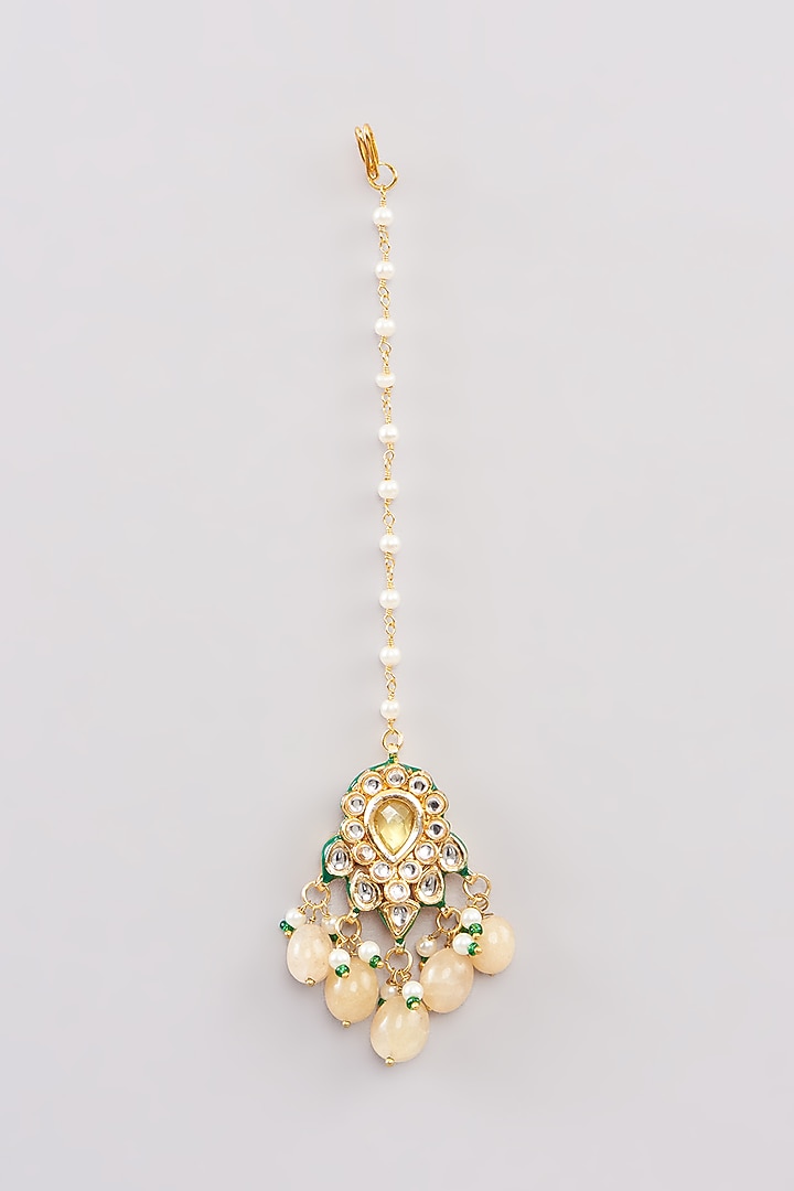Gold Finish Yellow Beaded & Kundan Polki Maangtikka by Amreli Jaipur at Pernia's Pop Up Shop
