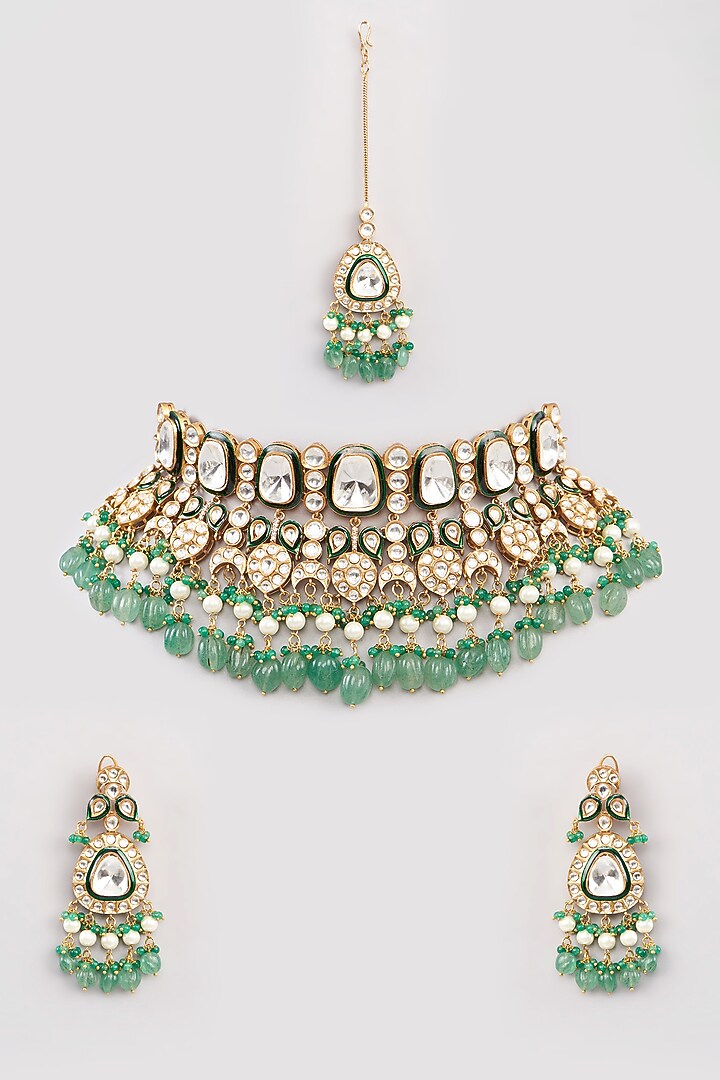 Gold Finish Kundan Polki & Emerald Beaded Choker Necklace Set by Amreli Jaipur at Pernia's Pop Up Shop