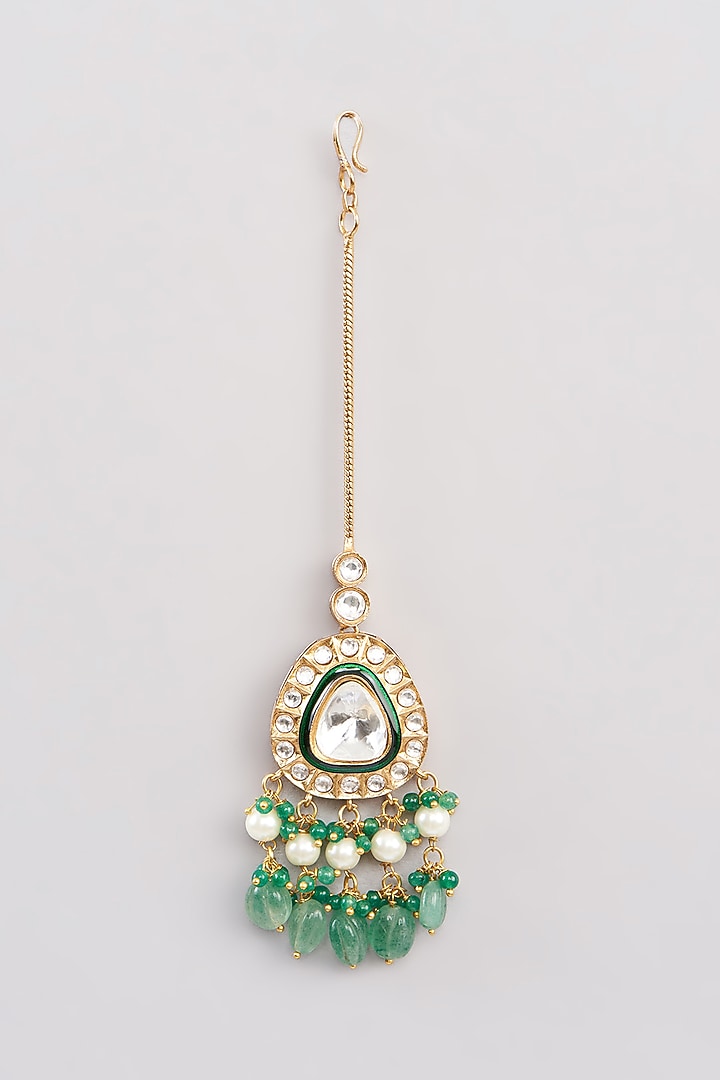 Gold Finish Kundan Polki & Emerald Beaded Choker Necklace Set by Amreli Jaipur at Pernia's Pop Up Shop