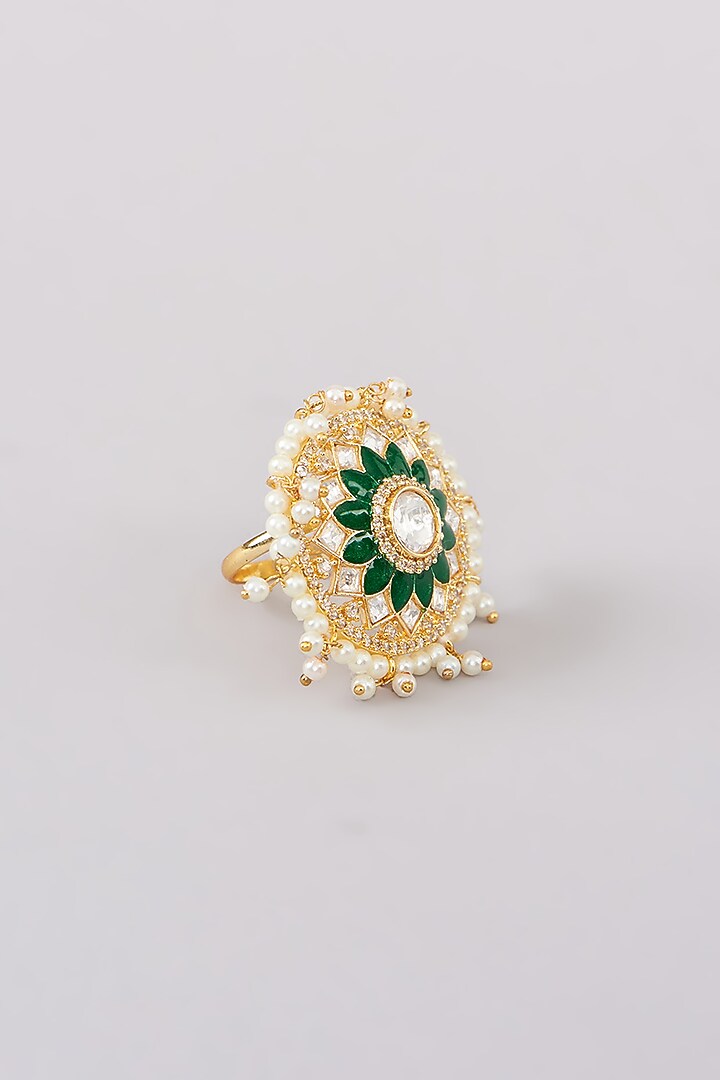 Gold Finish Green Kundan Polki Ring by Amreli Jaipur at Pernia's Pop Up Shop