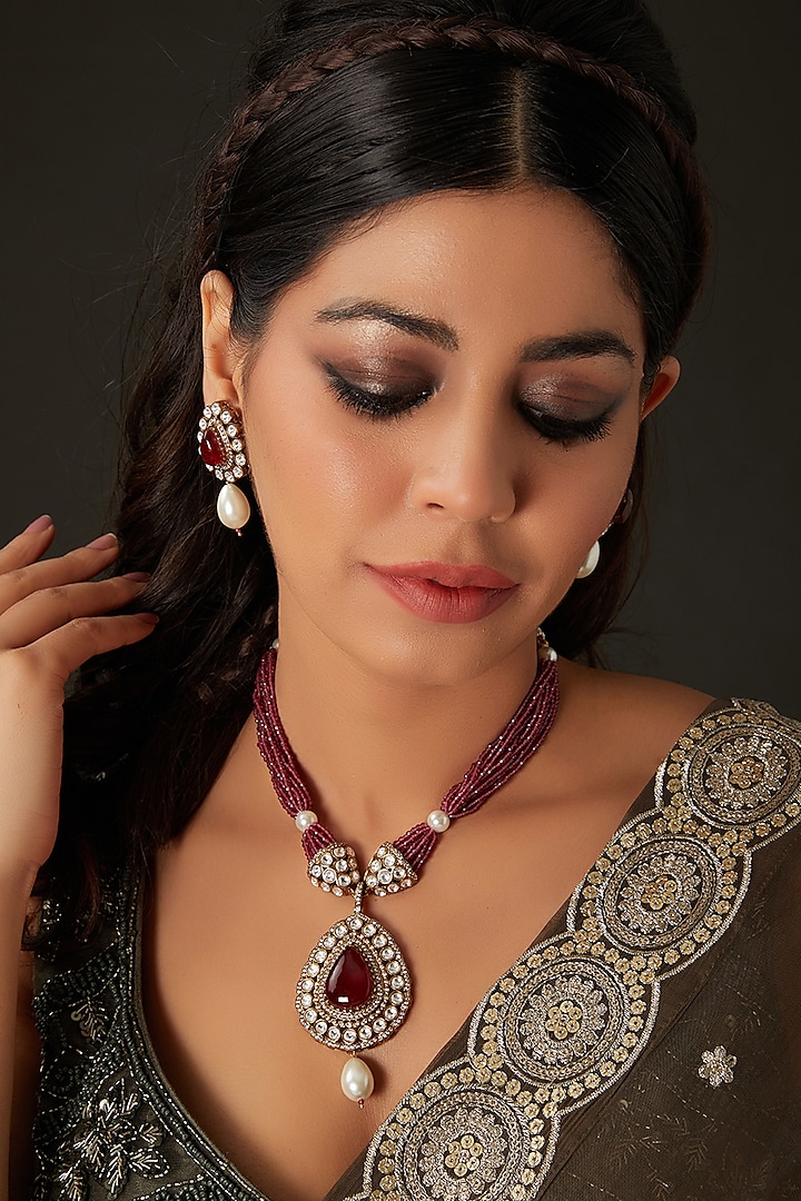 Victorian Gold Finish Pink Kundan Polki Necklace Set by Amreli Jaipur