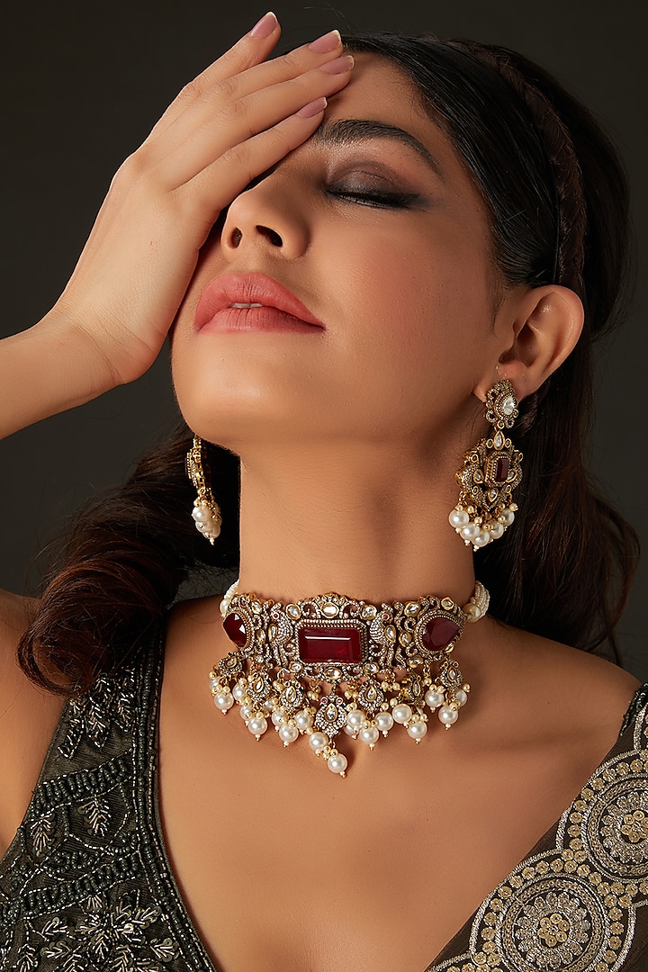 Victorian Gold Finish Red Kundan Polki Choker Necklace Set by Amreli Jaipur