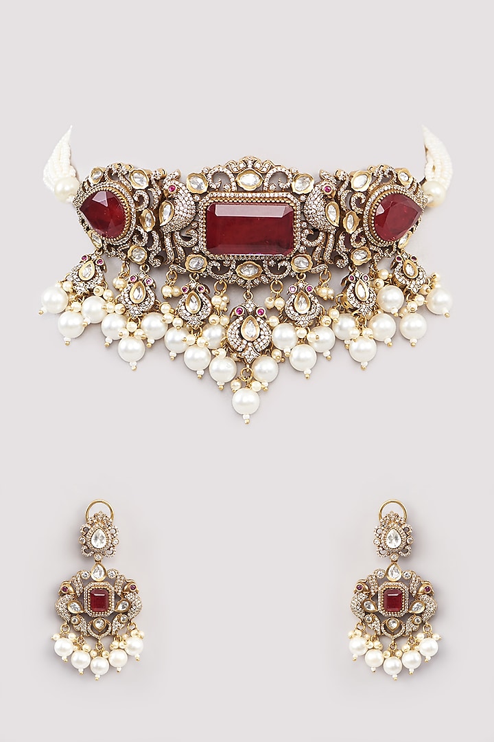 Victorian Gold Finish Red Kundan Polki Choker Necklace Set by Amreli Jaipur at Pernia's Pop Up Shop