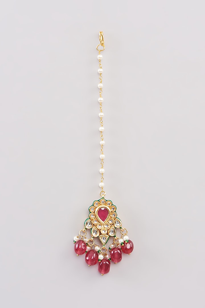 Gold Finish Kundan Polki & Red Beaded Maangtikka by Amreli Jaipur at Pernia's Pop Up Shop