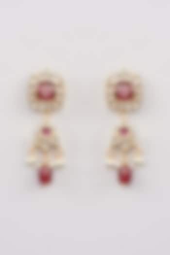 Gold Finish Red Kundan Polki Dangler Earrings by Amreli Jaipur