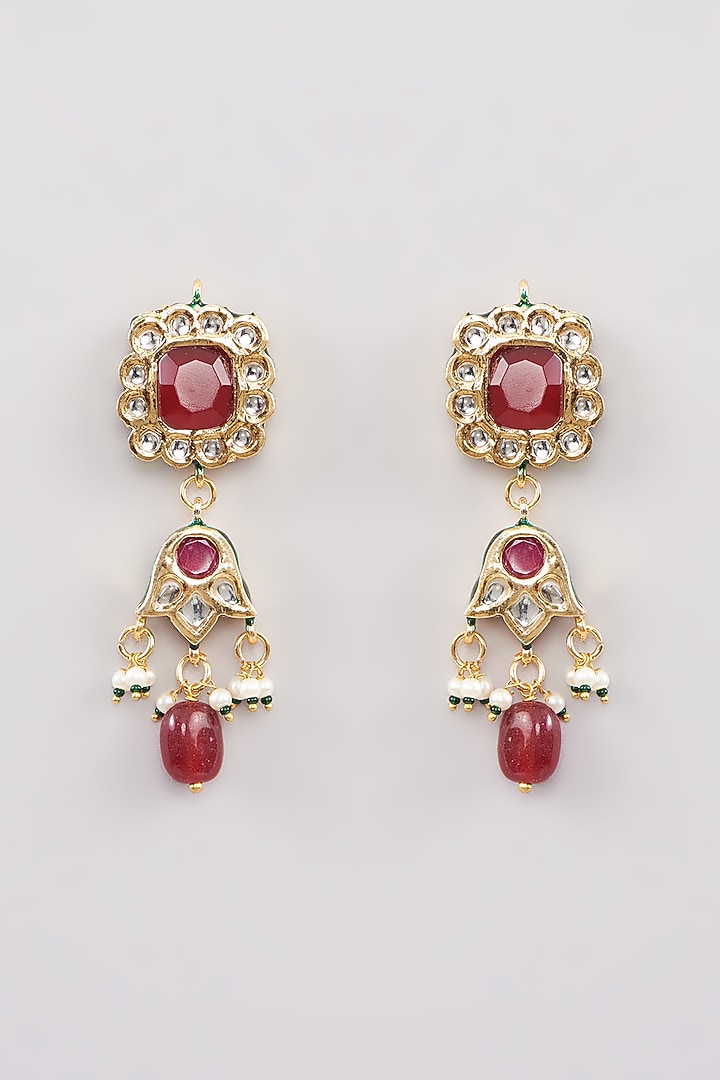 Gold Finish Red Kundan Polki Dangler Earrings by Amreli Jaipur at Pernia's Pop Up Shop