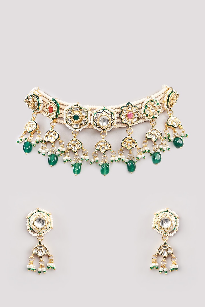 Gold Finish Green Kundan Polki Choker Necklace Set by Amreli Jaipur at Pernia's Pop Up Shop