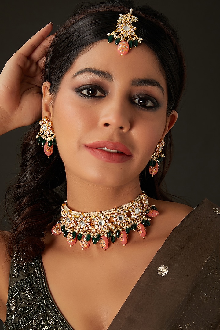 Gold Finish Pachi Kundan Polki Choker Necklace Set by Amreli Jaipur