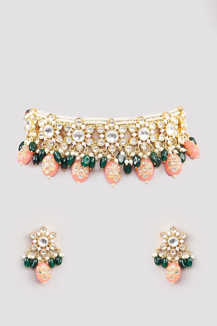 Gold Finish Pachi Kundan Polki Choker Necklace Set by Amreli Jaipur at Pernia's Pop Up Shop