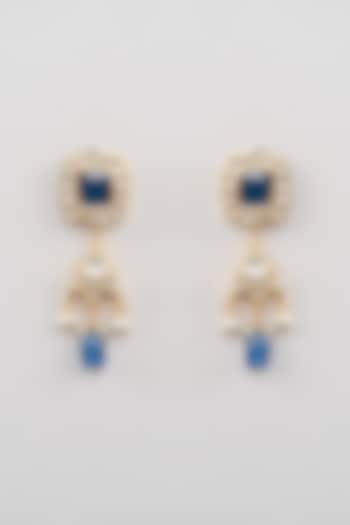 Gold Finish Blue Kundan Polki Dangler Earrings by Amreli Jaipur