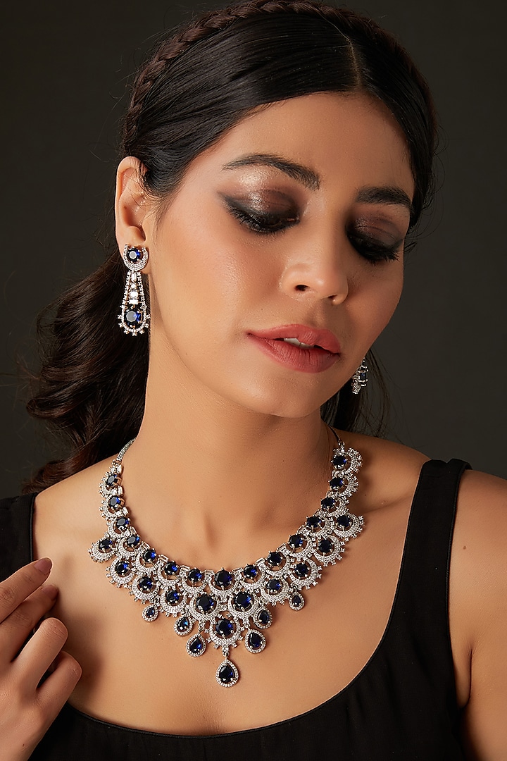 White Finish American Diamond Necklace Set by Amreli Jaipur