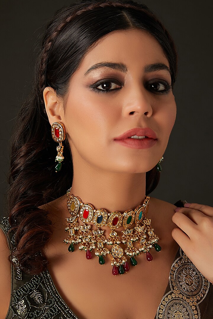 Gold Finish Multi-Colored Kundan Polki Choker Necklace Set by Amreli Jaipur