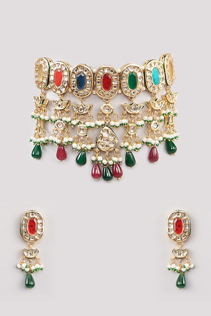 Gold Finish Multi-Colored Kundan Polki Choker Necklace Set by Amreli Jaipur at Pernia's Pop Up Shop