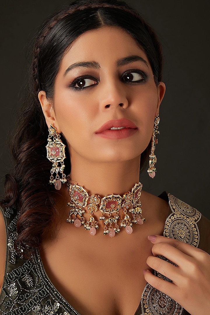 Gold Finish Pink Kundan Polki Choker Necklace Set by Amreli Jaipur