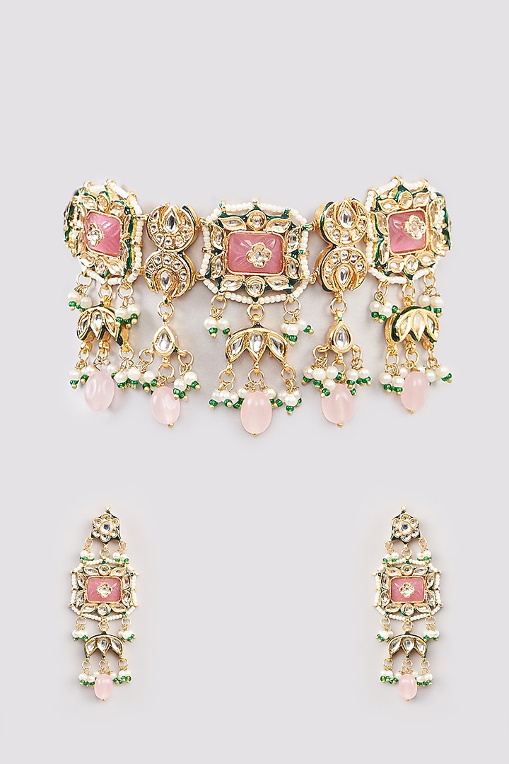 Gold Finish Pink Kundan Polki Choker Necklace Set by Amreli Jaipur at Pernia's Pop Up Shop