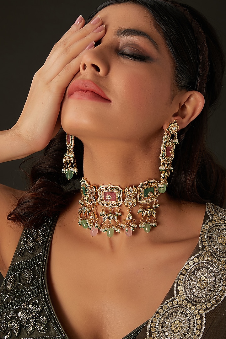 Gold Finish Multi-Colored Kundan Polki Choker Necklace Set by Amreli Jaipur