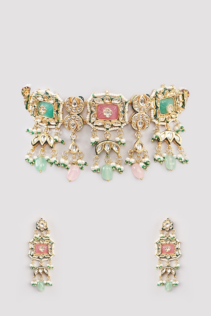 Gold Finish Multi-Colored Kundan Polki Choker Necklace Set by Amreli Jaipur at Pernia's Pop Up Shop