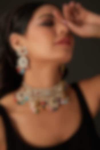 Gold Finish Multi-Colored Kundan Polki & Semi-Precious Beaded Choker Necklace Set by Amreli Jaipur